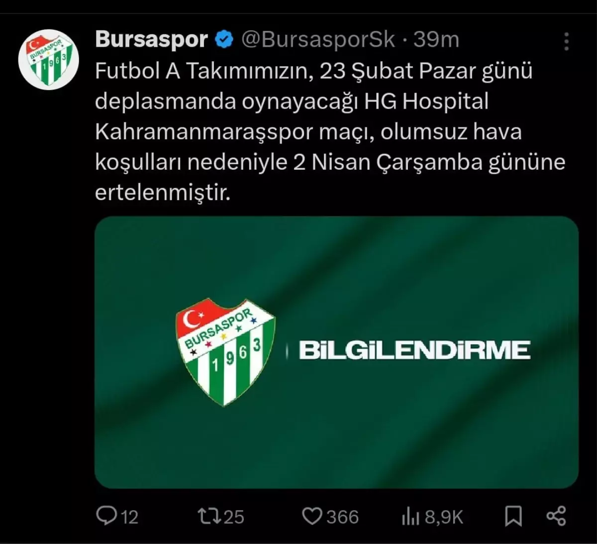 Bursaspor’un Kahramanmaraşspor Maçı Hava Koşulları Nedeniyle Ertelendi